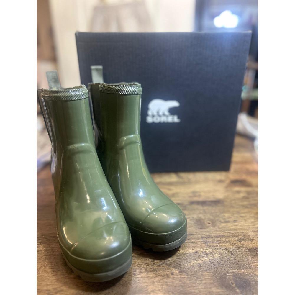 Sorel Joan Rain Wedge Chelsea Gloss Boots Nori Green Waterproof Womens 8.5